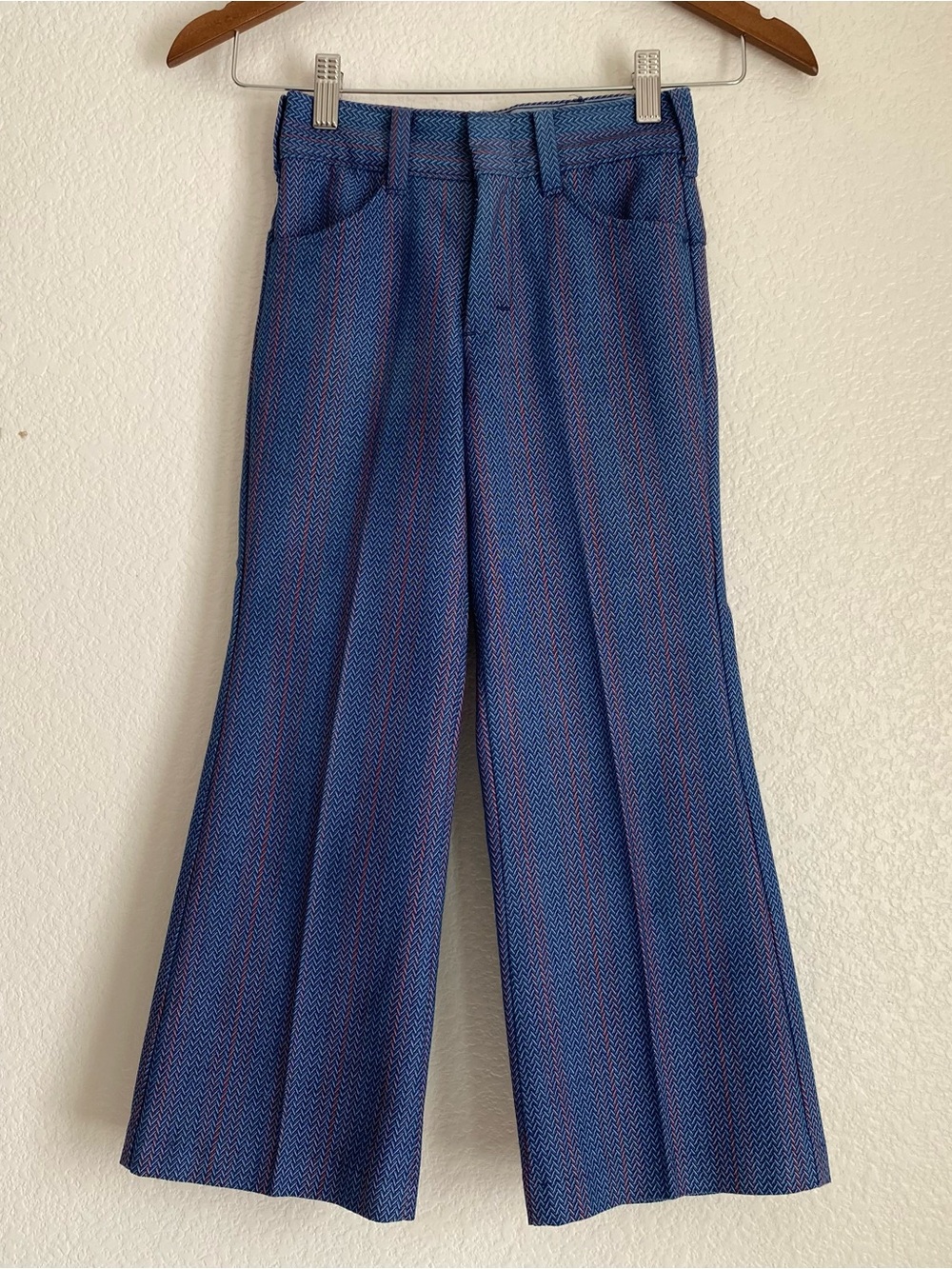 Vintage Sears Best 70's blue disco herringbone geo flare youth pants, slim 8
